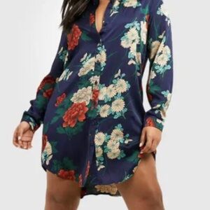 Navy Floral Button-Down Tunic Shirt Dress
